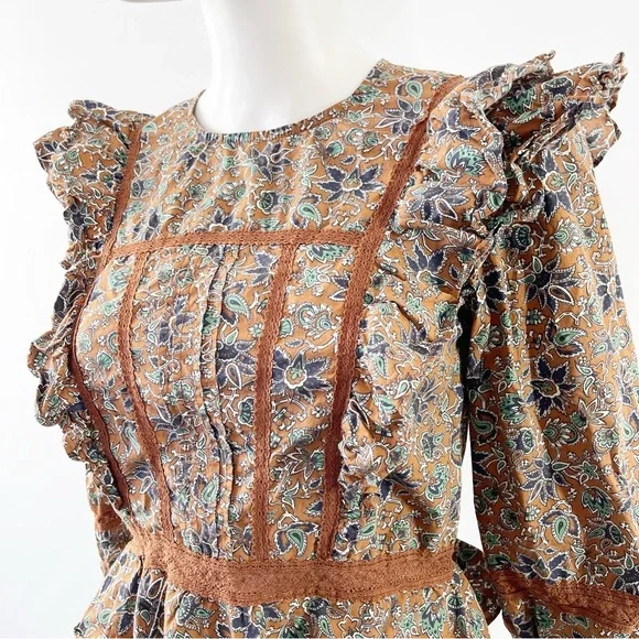 Veronica Beard Long Sleeve Floral WESLAYAN Ruffle Blouse in Cinnamon Brown Sz 2 - Picture 6 of 13